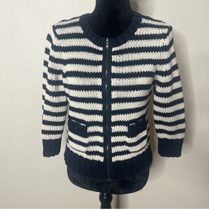 Loft Ann Taylor Navy‎ White Striped Zip Chunky Knit Cotton Cardigan Sweater Sz M